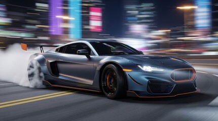 High-Performance Tuned Sports Car Drifting Dynamically on Night City Streets