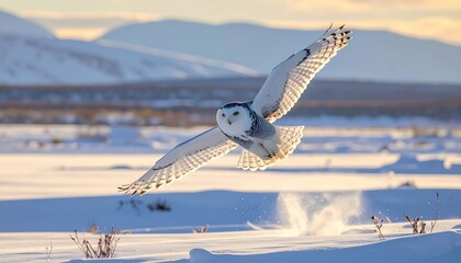 Majestic snowy owl in flight, gracefully descending through a pristine winter landscape.
