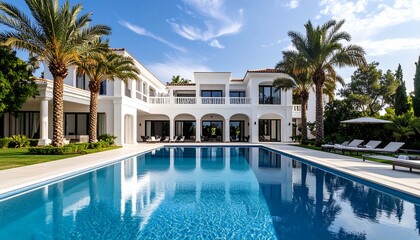 Luxurious villa with a large pool, beautiful landscaping