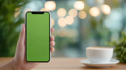 Smartphone with green screen held in hand with blurred background and cup of coffee on table creating calm atmosphere