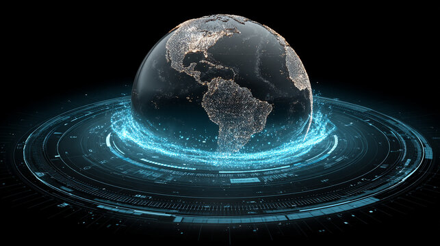 Futuristic pixelated Earth globe displayed on a digital grid with glowing connections symbolizing technology data networks global communication and modern virtual world visualization - Powered by Adobe