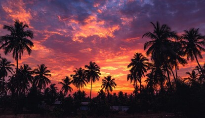Obraz premium Silhouetted palm trees against a vibrant sunset