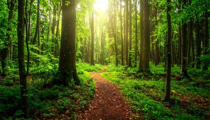 Fototapeta premium Sunlight streams through a dense forest path