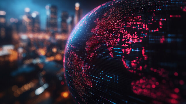 Futuristic pixelated Earth globe displayed on a digital grid with glowing connections symbolizing technology data networks global communication and modern virtual world visualization