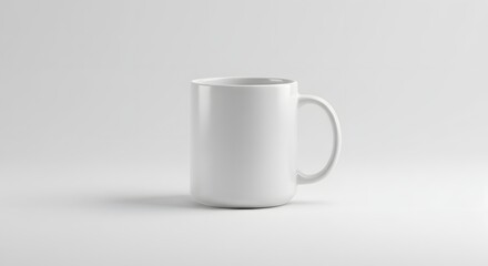 Fototapeta premium A simple white ceramic mug with a handle on a plain white surface in a studio setting for presentation