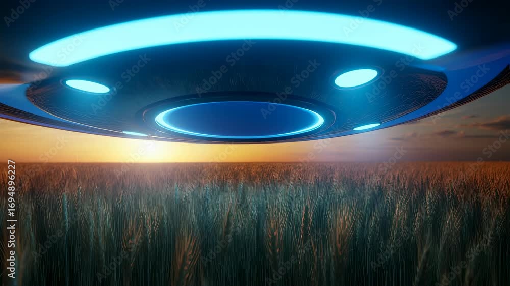Poster alien spaceship hovering over a wheat field at sunset, exploring earth with extraterrestrial technol