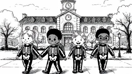 Skeleton Kids Walking to School - A black and white illustration of four children dressed in skeleton costumes walking to school, holding hands.