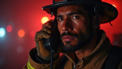 Hispanic male firefighter communicates via radio in low light, red background. Focused intensity, readiness for duty. Protective gear, helmet, gloves visible. Emergency response, smoke, vigilance,