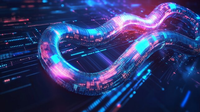 DevOps lifecycle shown as an infinite loop in a futuristic tech-style graphic representing a continuous delivery model. 