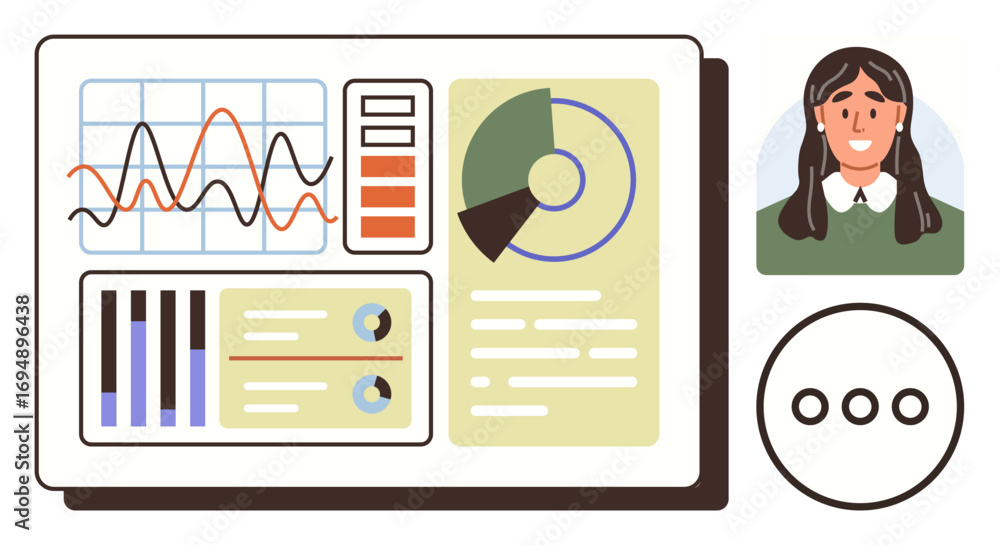 Poster data dashboard display with graphs, charts, and user profile portrait. ideal for analytics, business