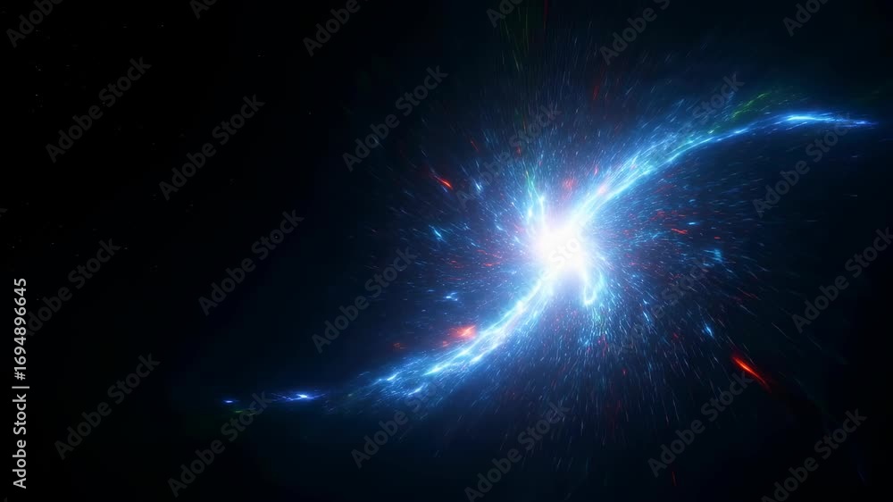 Poster abstract light explosion with glowing particle streams on a dark background, dynamic energy illustra