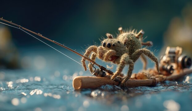 A tiny spider on a miniature wooden boat, fishing