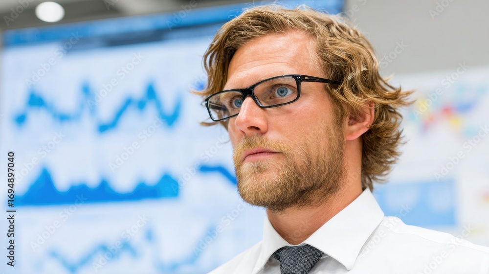 Poster data analyst in medium shot intently observing model performance metrics on a screen while the backg