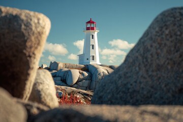 Lighthouse amidst coastal rocks on a sunny day