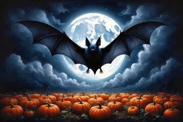 A Dramatic Scene Featuring a Bat Flying Over a Field of Bright Orange Pumpkins Under a Full Moon, Creating a Spooky Atmosphere Evoking Halloween's Essence