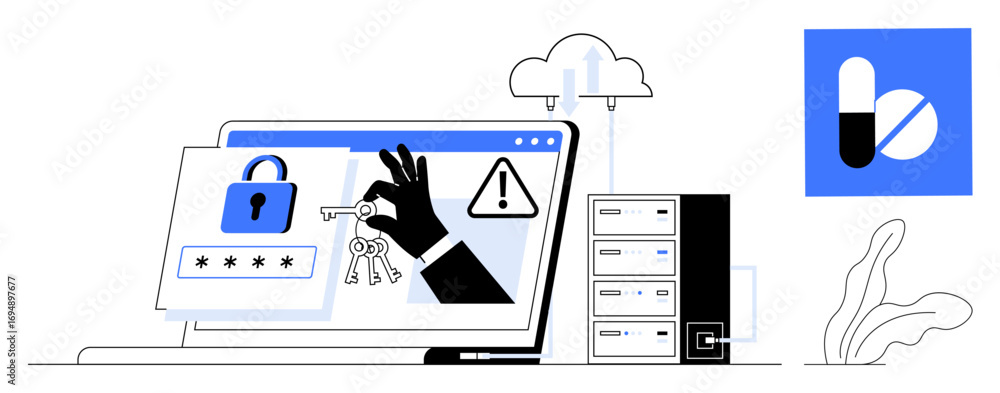 Poster hand presenting keys near locked laptop screen with password input, warning triangle, and cloud uplo
