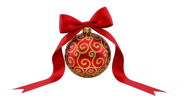 Elegant red christmas ornament with intricate gold swirls and a festive red bow isolated on transparent background