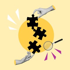 People hands holding puzzle, symbolizing teamwork,