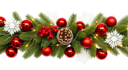 Festive christmas garland with red ornaments pinecone snowflakes and lights isolated on transparent background