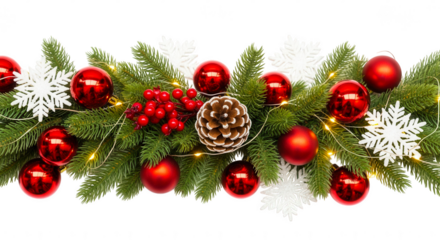 Festive christmas garland with red ornaments pinecone snowflakes and lights isolated on transparent background