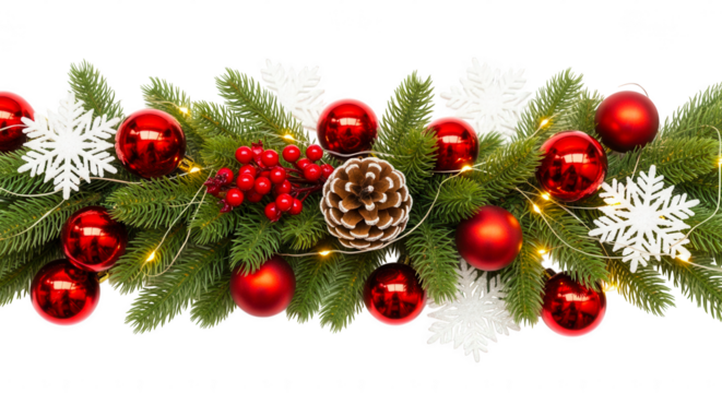 Festive christmas garland with red ornaments pinecone snowflakes and lights isolated on transparent background