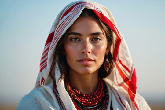 A Portrait of Grace: Captivating Young Woman adorned with Traditional Attire and Rich Jewelry against a Subtle Natural Background