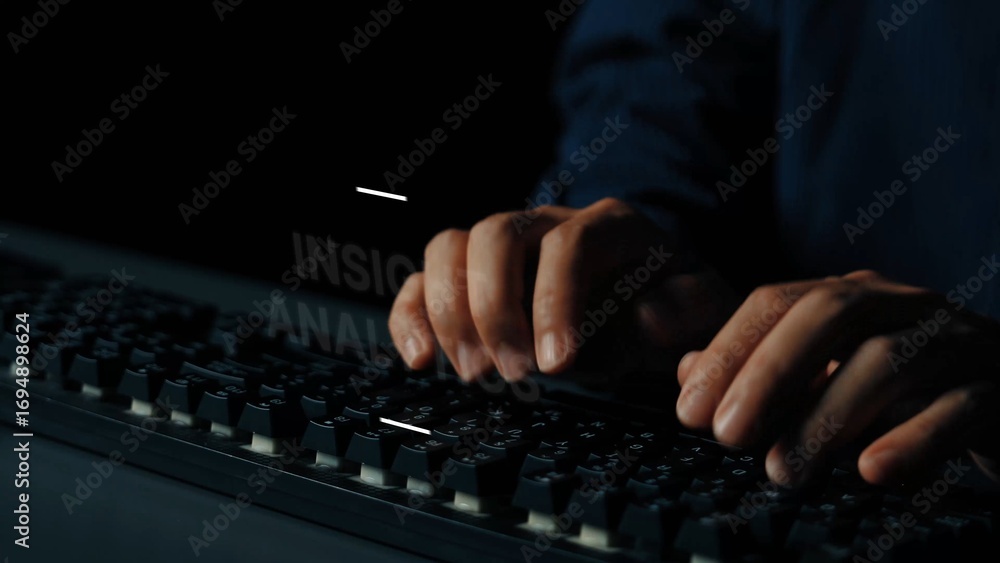 Poster hands typing on keyboard in dark environment for data analysis and research insights. asymptotic sma
