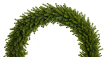 Close up of a lush green floral garland with small leaves and buds isolated on transparent background