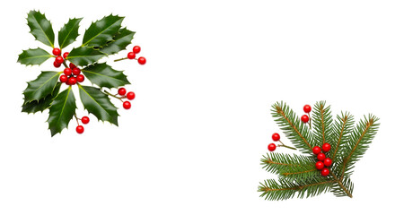 Two sprigs of festive christmas greenery with bright red berries isolated on transparent background
