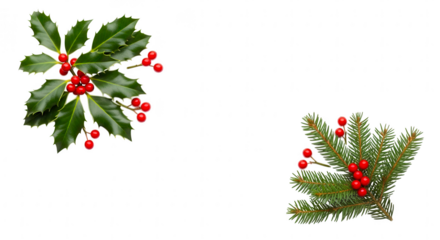 Two sprigs of festive christmas greenery with bright red berries isolated on transparent background