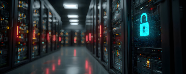 A secure server room with digital lock overlay, highighting cybersecurity and ata protection. The glowin servers emphasize technolgy and safety