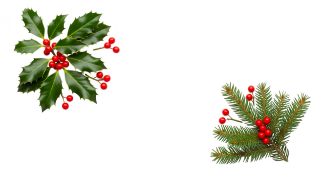 Two sprigs of festive christmas greenery with bright red berries isolated on transparent background
