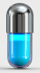 Futuristic glowing energy capsule contained in a transparent glass tube on a clean white background, symbolizing innovation, technology, and advanced energy solutions.