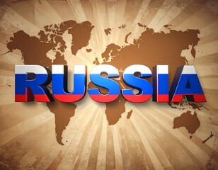 "RUSSIA" shines in bold red, white, and blue letters on a vintage world map backdrop. The design highlights national pride, vast geography, and heritage.