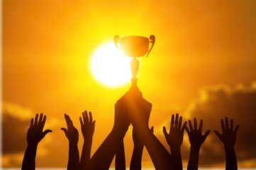 Success of young teamwork, hands holding trophy