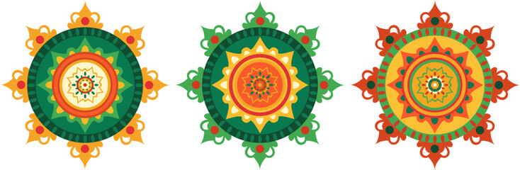 colorful decorative indian ornaments set with traditional mandala and pookalam style floral elements onam and diwali festival decorative