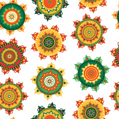 traditional indian onam and diwali festival seamless pattern with decorative pookalam ornaments on white background