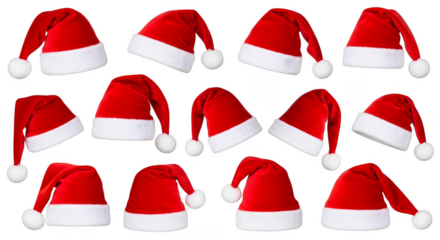 Collection of festive red santa claus hats with white trim and pom poms isolated on transparent background