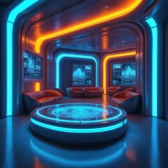 Obraz premium Futuristic sci-fi gaming room features glowing neon blue, orange lighting accents. High-tech consoles, displays adorn sleek, modern interior. Comfortable sofas invite relaxation in advanced