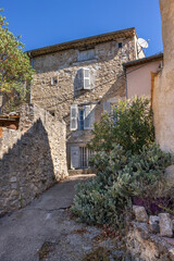 Alley with Polka Dot Cacti Opuntia microdasys in the old town of Entrecasteaux, Department Var, Provence, France.