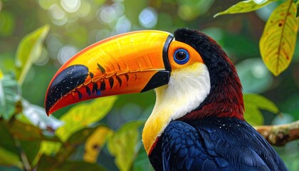 Vibrant toucan with a large, colorful beak in a lush, green forest setting.