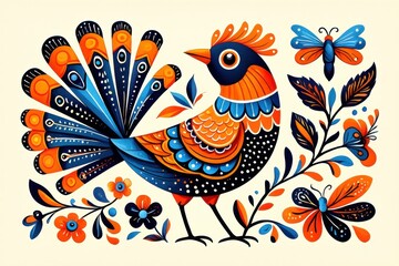 Vibrant Hand-Illustrated Bird Surrounded by Colorful Butterflies and Floral Elements in a Rich Palette of Orange, Blue, and Black. Ukrainian Folk Art.