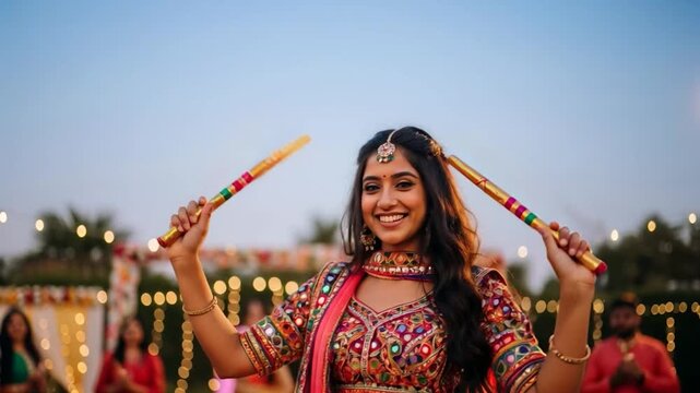 Smiling Indian woman in colorful traditional attire performing garba with dandiya sticks during Navratri night festival celebration