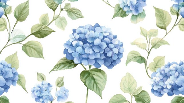 Fototapeta delicate watercolor pattern of blue hydrangeas and green branches on seamless white background