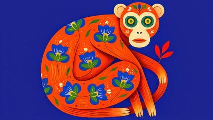 A Vibrant Illustration of a Creative Monkey Surrounded by Colorful Blue Flowers on a Bold Blue Background. Ukrainian Folk Art.