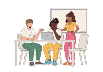 Vector art of three young adults collaborating on a project with a laptop at a table, one person standing and gesturing while the other two are seated