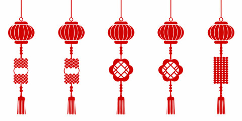 Collection of five traditional red chinese lanterns with decorative knots and tassels hanging