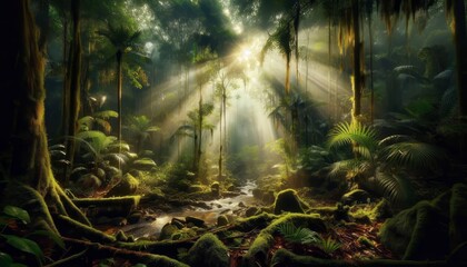 Obraz premium The dense humid floor of the Amazon rainforest with dappled sunl