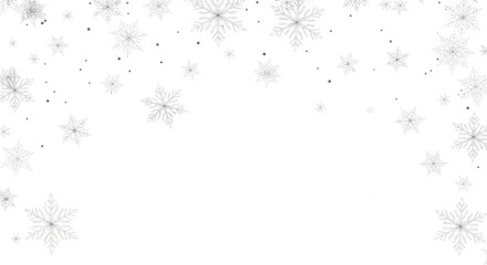 Delicate white snowflakes falling and scattered across a dark background isolated on transparent background