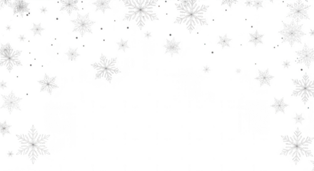 Delicate white snowflakes falling and scattered across a dark background isolated on transparent background